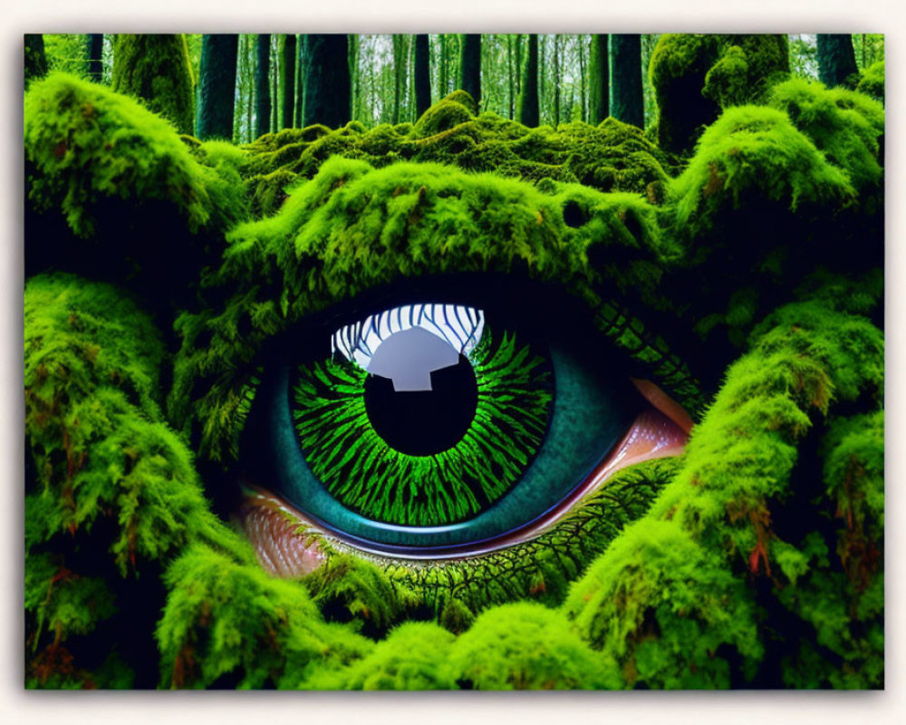 Vivid green eye in surreal forest setting