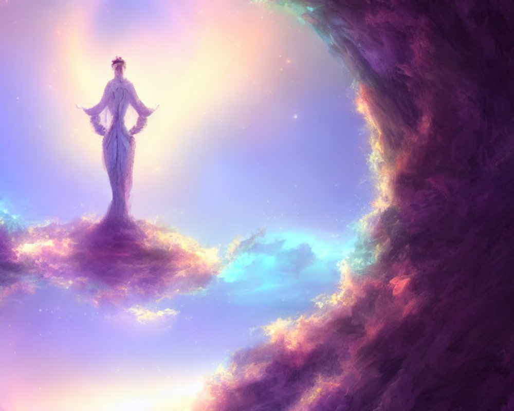 Silhouetted figure in luminous portal surrounded by purple and pink clouds