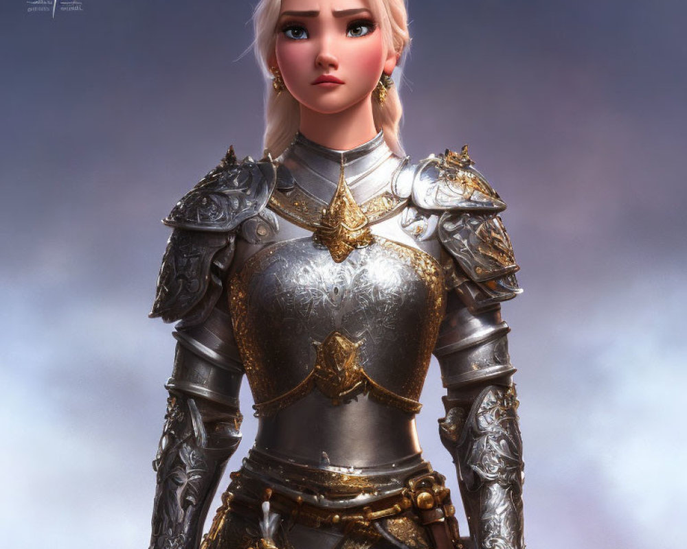 Blonde Female Warrior in Silver Armor and Blue Eyes on Blurred Background