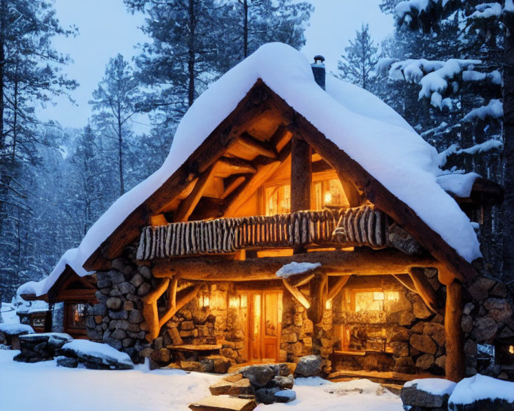 Cozy wooden cabin in snowy forest at twilight