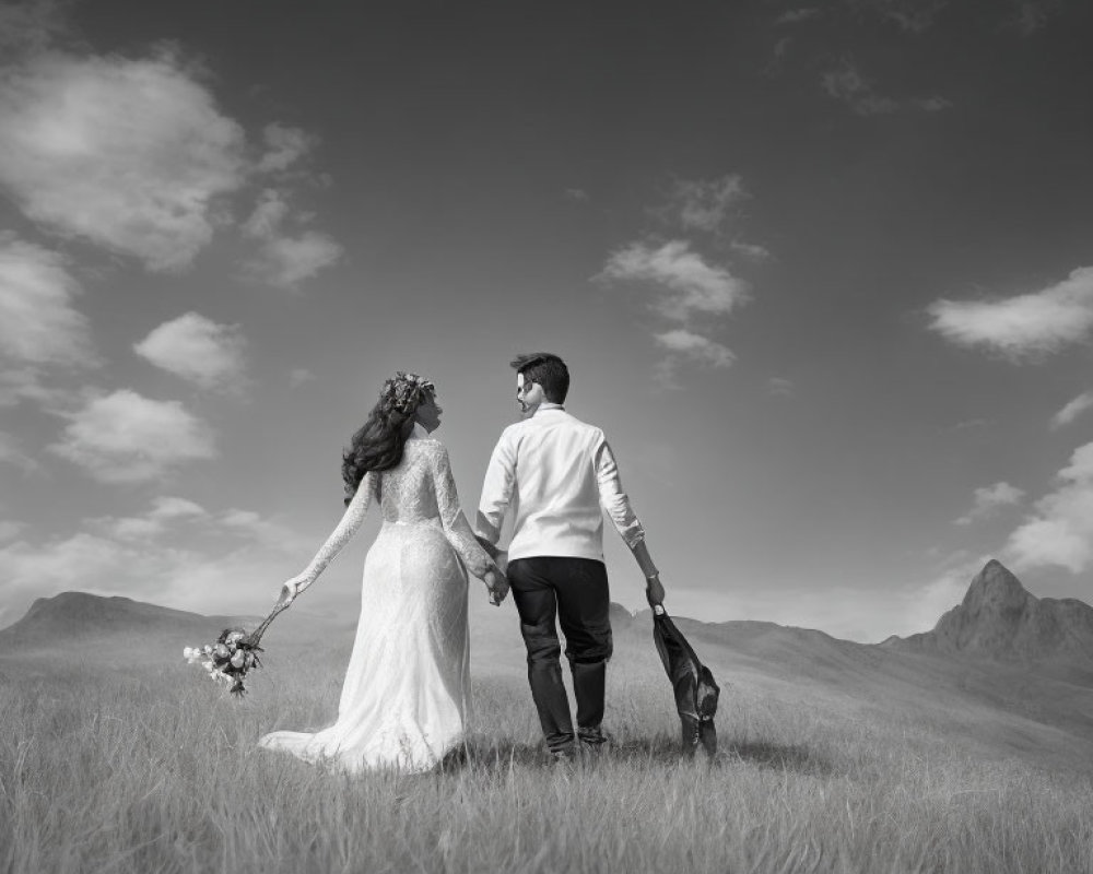Wedding couple walking in field with dramatic sky and mountains in black and white