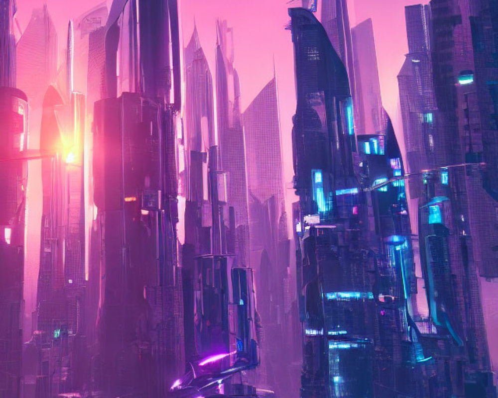 Futuristic neon-lit cityscape with pink and purple haze