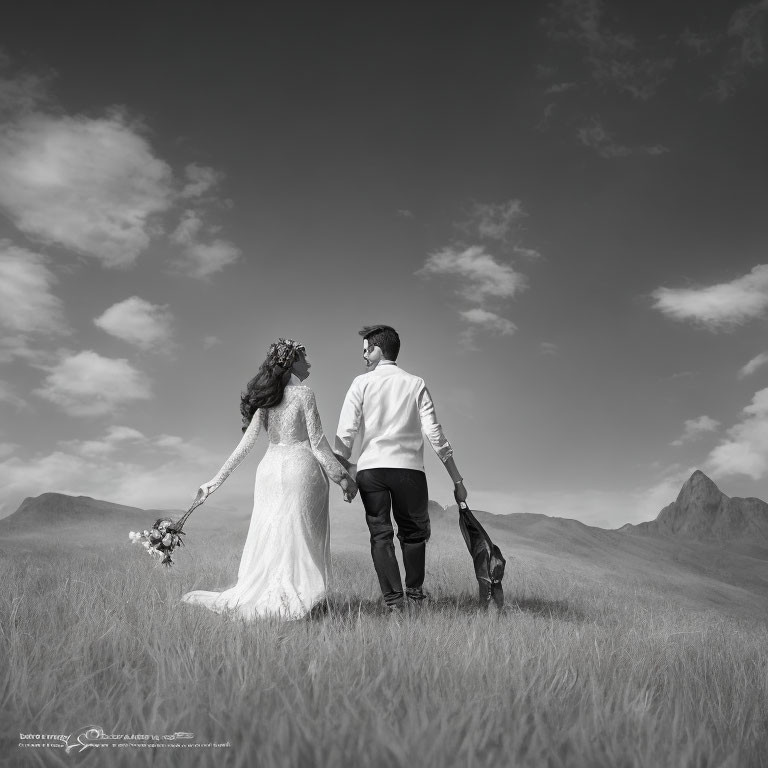 Wedding couple walking in field with dramatic sky and mountains in black and white