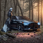 Mysterious figures in dark robes by modern and rustic cars in misty forest