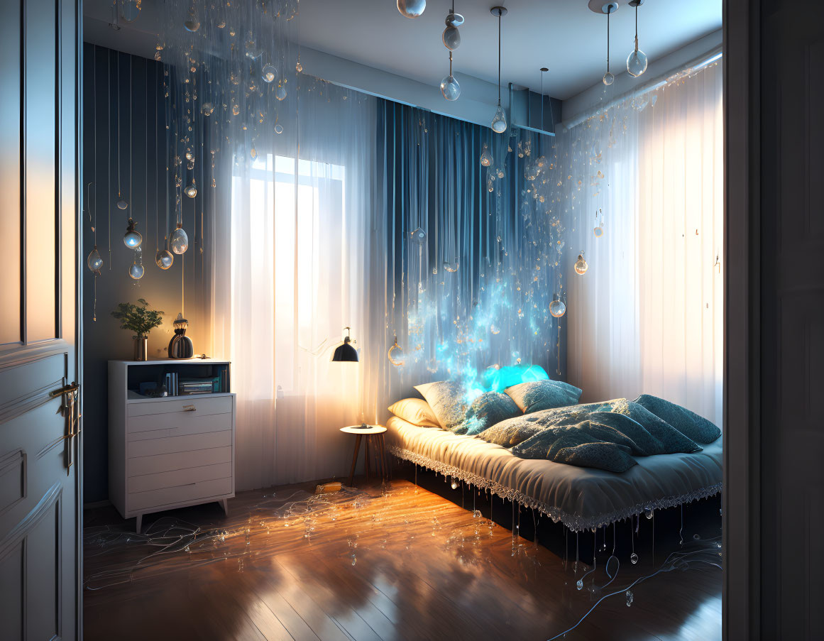 Warmly Lit Bedroom with Jellyfish-Like Lights, Blue Pillows, and Sunlight