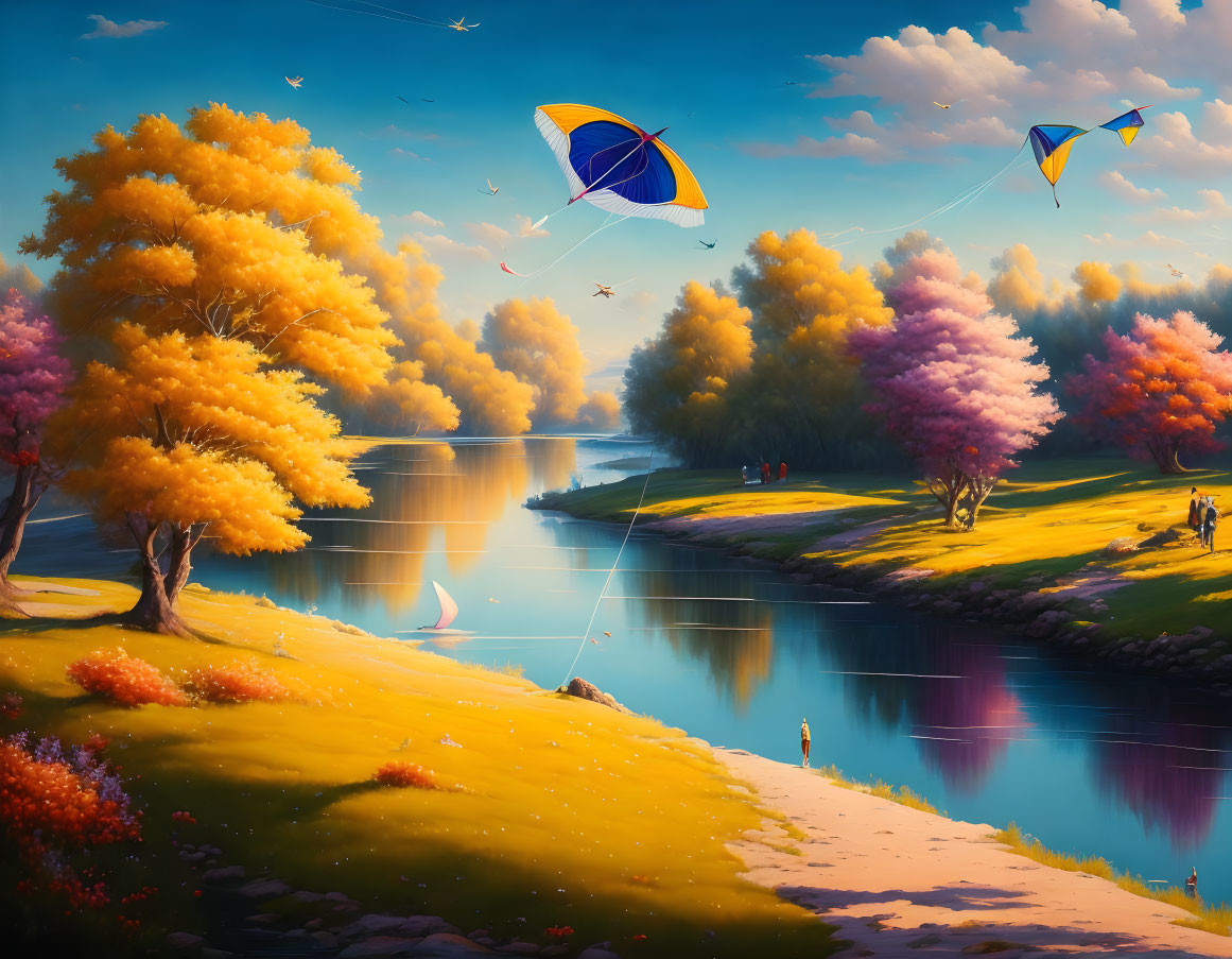 Tranquil landscape with colorful trees, kites, strolling people, and sailboats on a