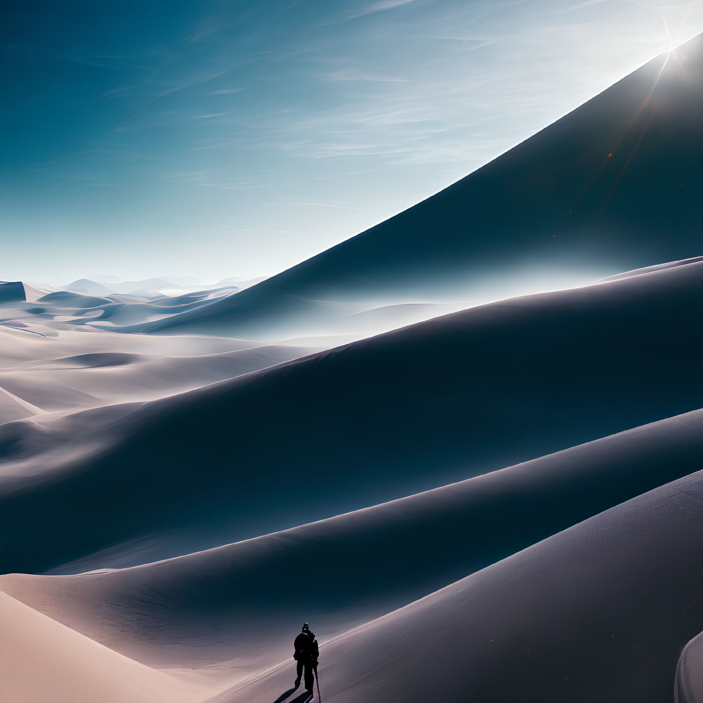 Vast desert landscape with rolling sand dunes and clear sky