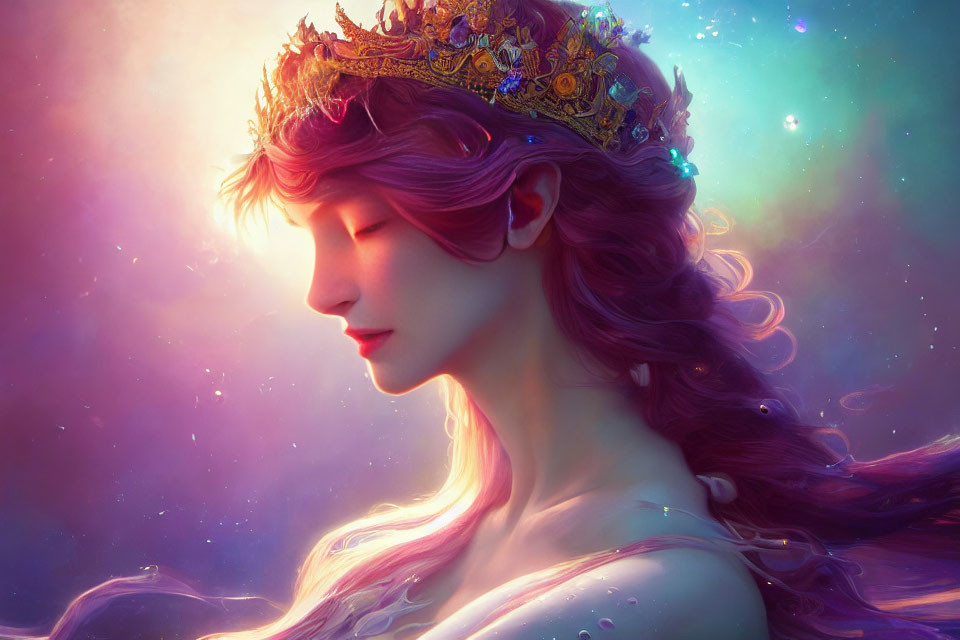 Woman with Pink Flowing Mane and Golden Crown in Cosmic Setting
