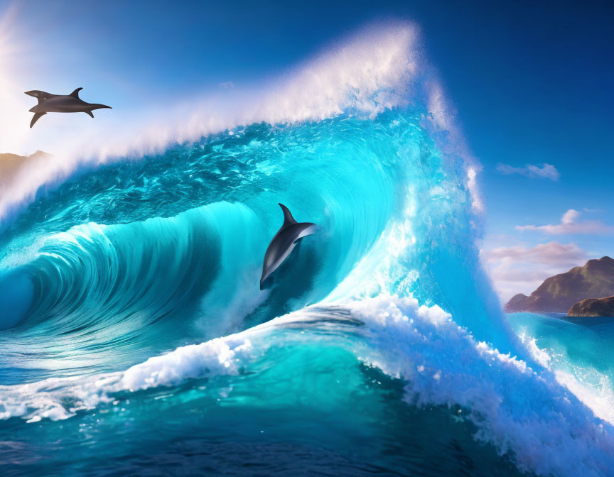 Dolphin leaping from ocean wave with scenic background