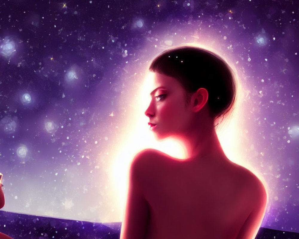 Digital Artwork: Contemplative woman in cosmic setting