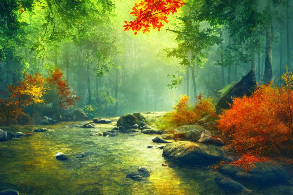 Tranquil forest scene with sunlit stream and autumn leaves