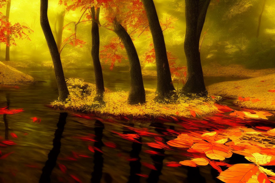 Vibrant autumn forest scene with golden light and red-orange leaves reflecting in tranquil river