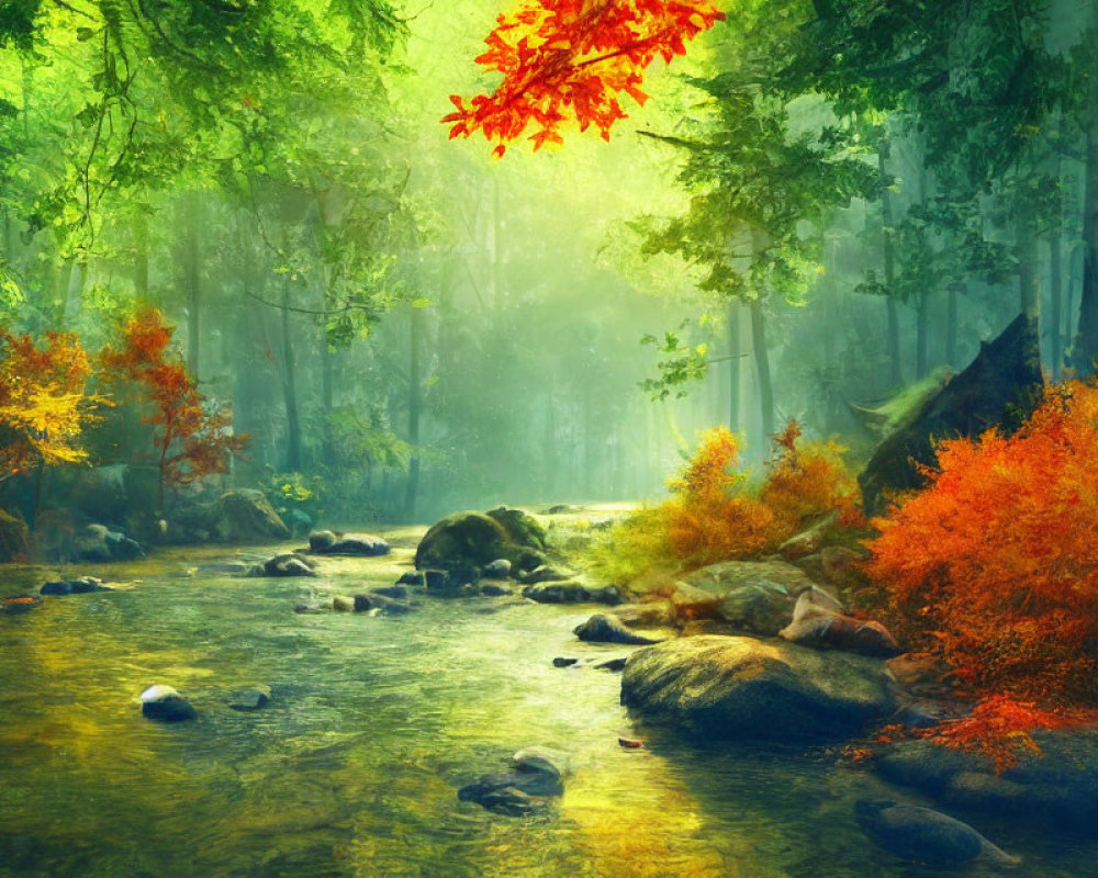Tranquil forest scene with sunlit stream and autumn leaves