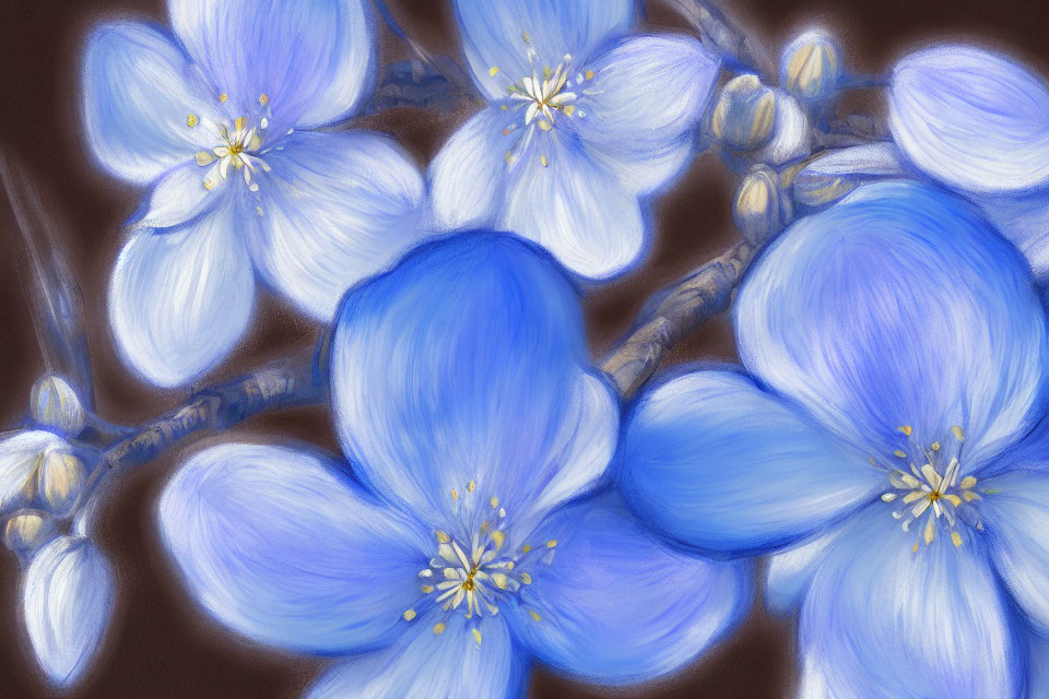 Vibrant blue flowers with yellow centers on a branch against a soft-focus brown background