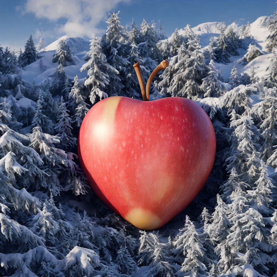 Large Red Apple in Snowy Forest with Pine Trees and Mountains