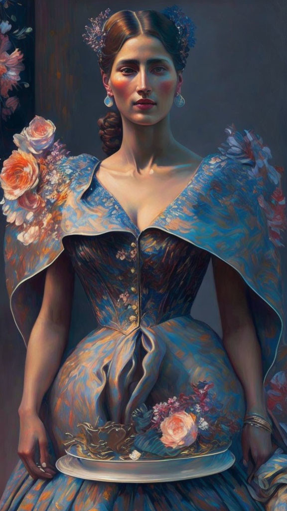 Victorian-style portrait of a woman in blue dress with floral details and crown accessory