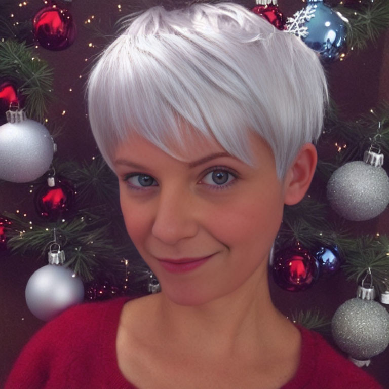 Person with Short White Hair Smiling in Red Top Against Festive Christmas Background