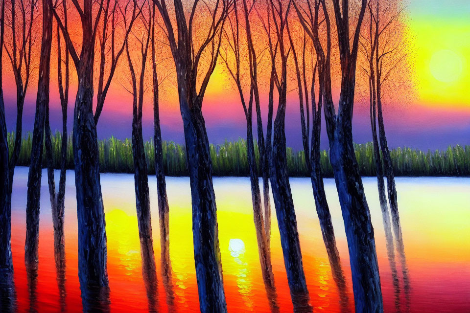 Colorful sunset painting: slender trees by reflective water