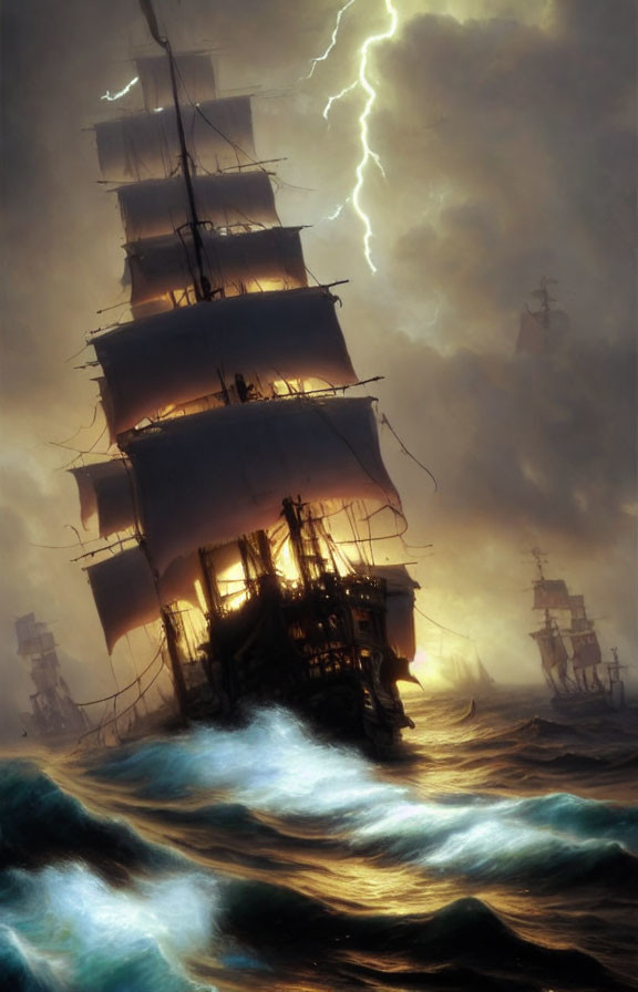 Sailing ship in stormy sea with lightning and distant ships