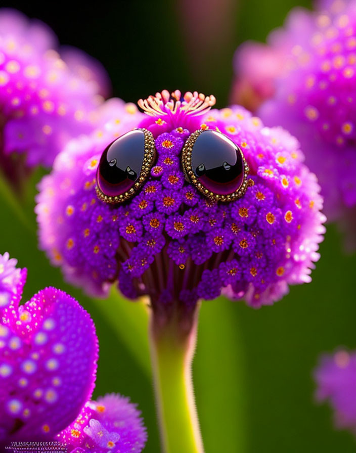 Purple flower with cartoonish eyes dewdrops illusion
