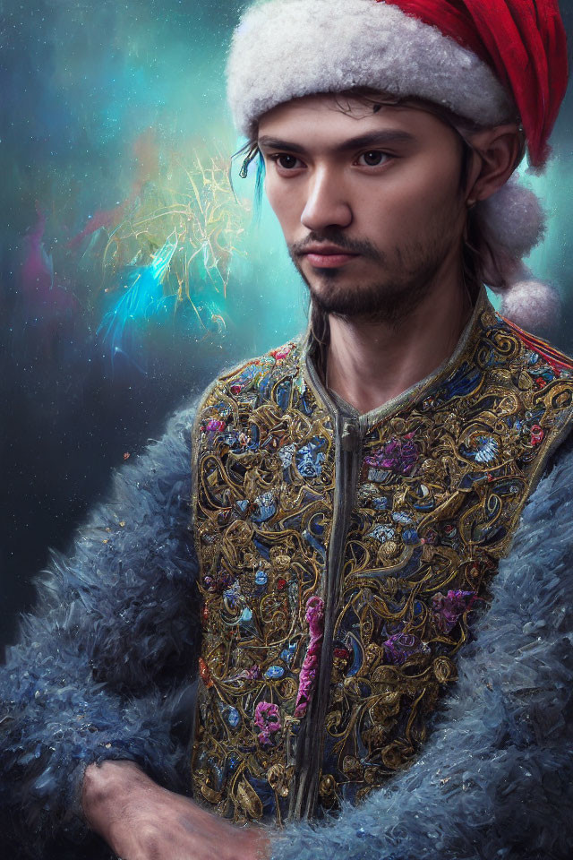 Regal individual in embroidered jacket with cosmic nebula backdrop