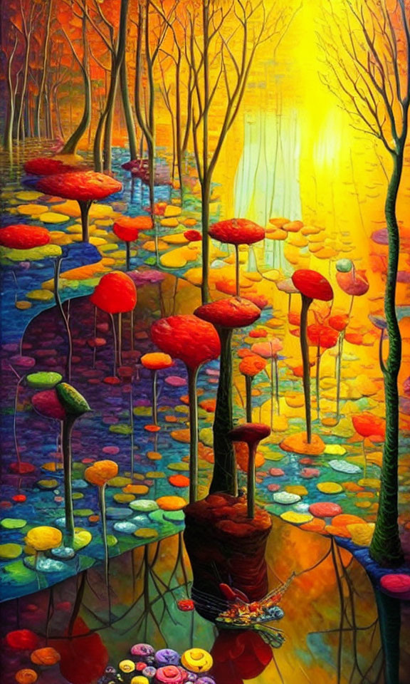Colorful surreal painting of luminescent forest, glowing sun, reflective water, oversized flowers