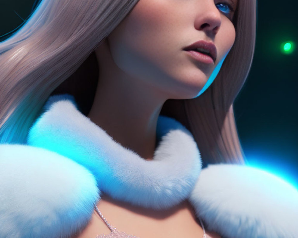 Digital artwork: Woman with pale skin, blue eyes, blonde hair in shimmering outfit under blue lighting