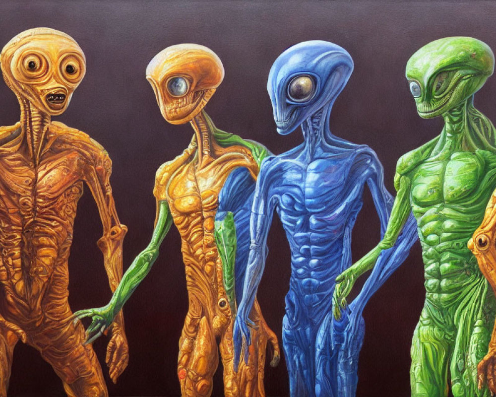 Vibrant depiction of four stylized aliens in orange, yellow, blue, and green hues on