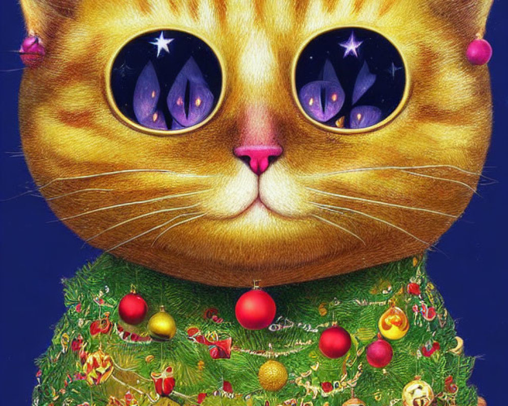 Illustration of cat with large head and Christmas tree body