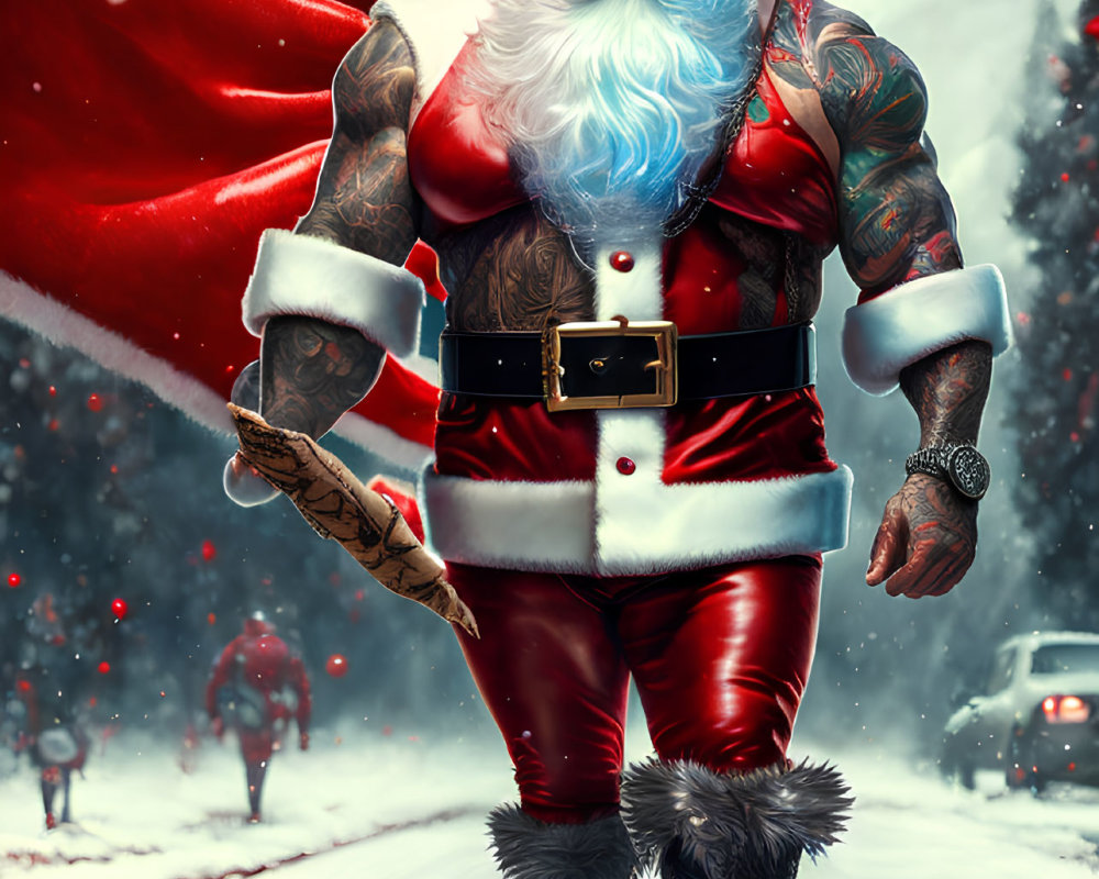 Muscular Santa Claus with tattoos in red suit walking in snow