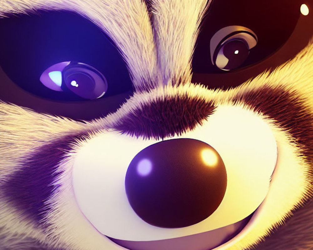 Cheerful animated raccoon with purple eyes and black nose on warm background