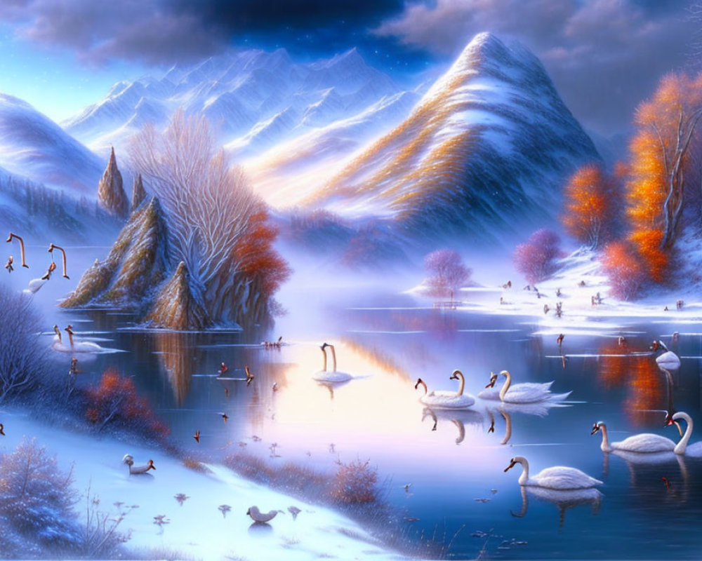 Tranquil lake landscape with swans, mountains, autumn trees, and birds