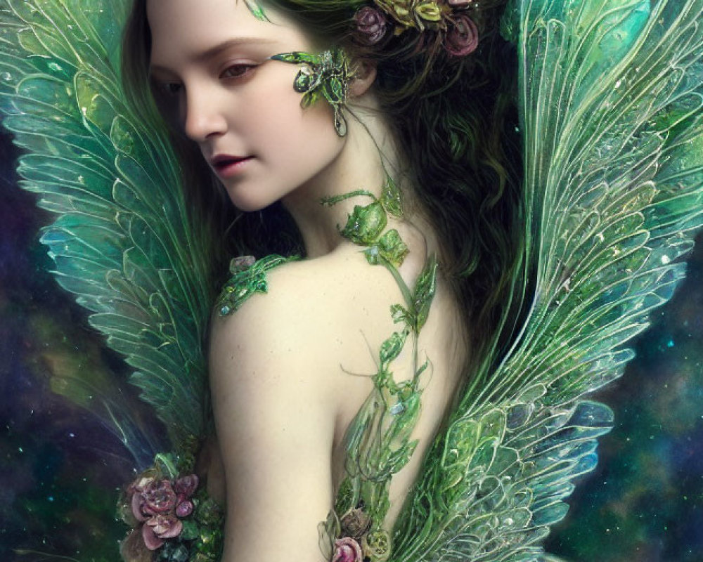 Portrait of Mythical Female Creature with Iridescent Wings and Floral Accents