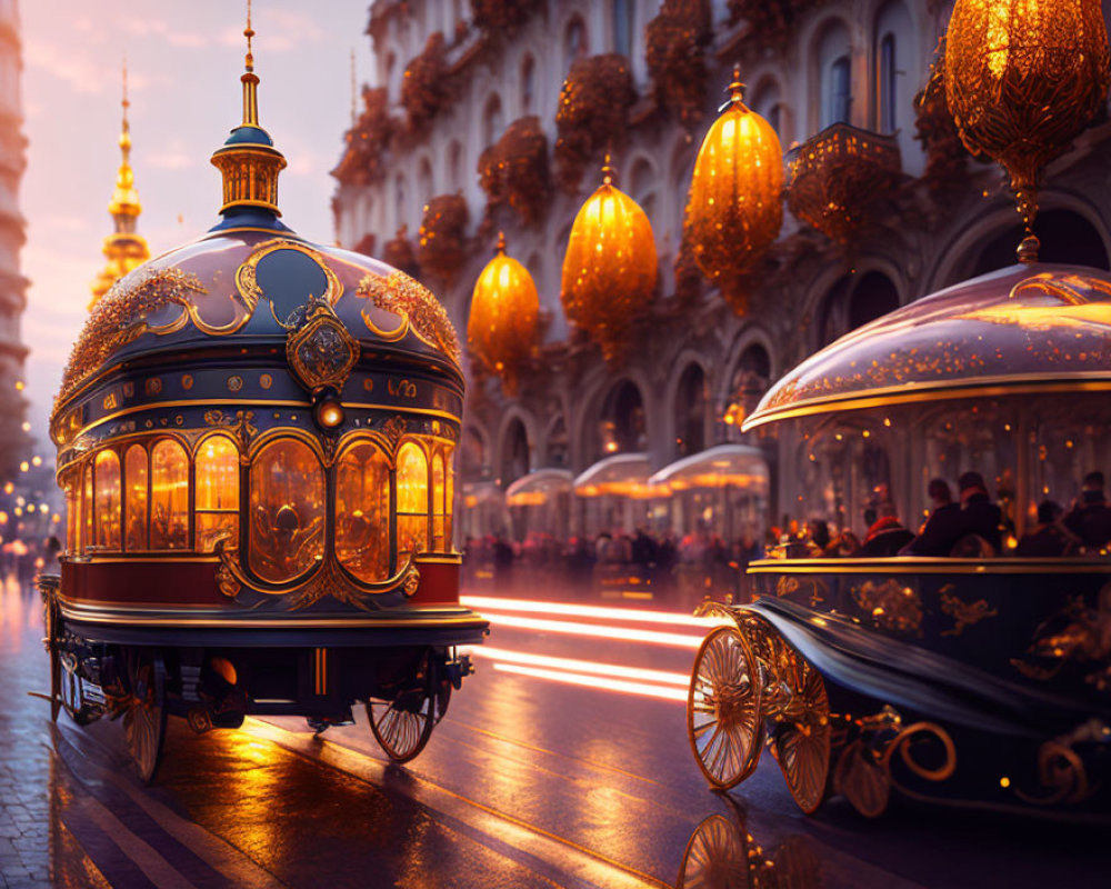 Vintage-style tram with gold and blue detailing in a glowing city scene at dusk.