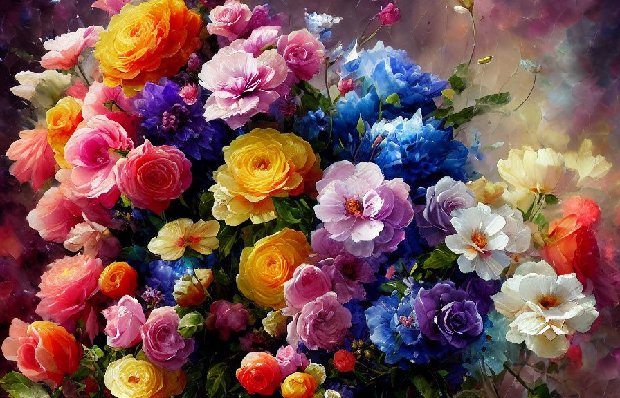 Assorted Flowers Bouquet in Pink, Yellow, Blue, and White on Multicolored Background