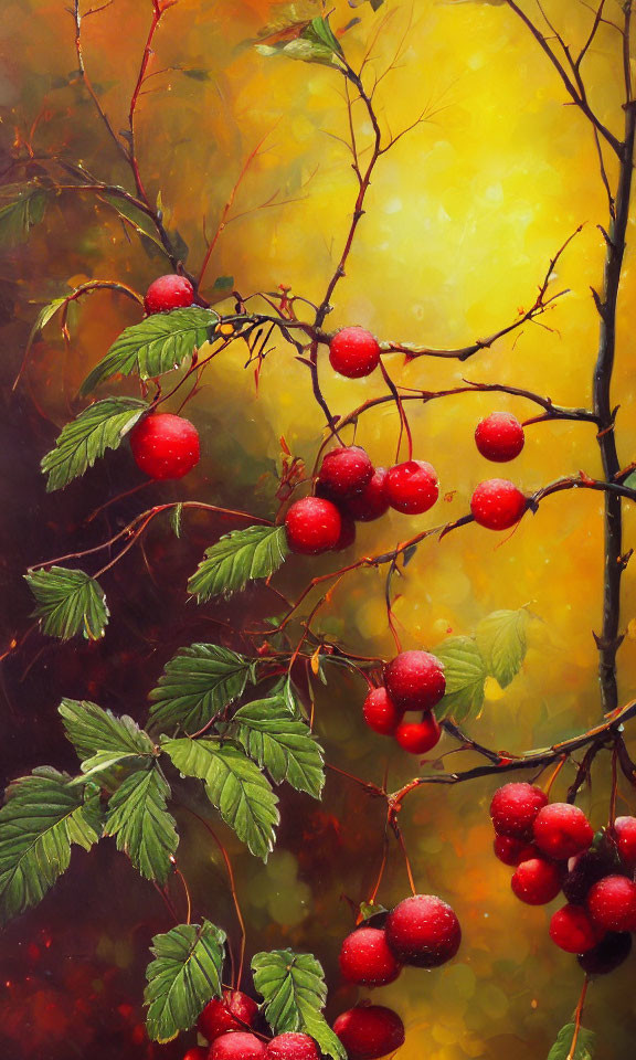 Red Berries and Green Leaves Painting in Autumn Setting