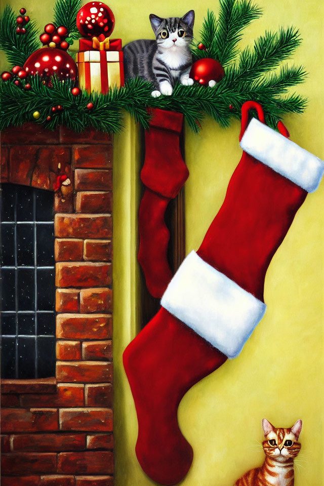 Holiday-themed painting featuring tabby cat in stocking by fireplace