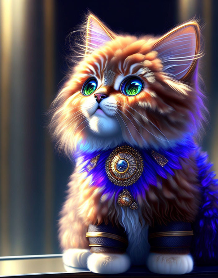 Fluffy Cat Illustration with Green Eyes and Royal Blue Collar
