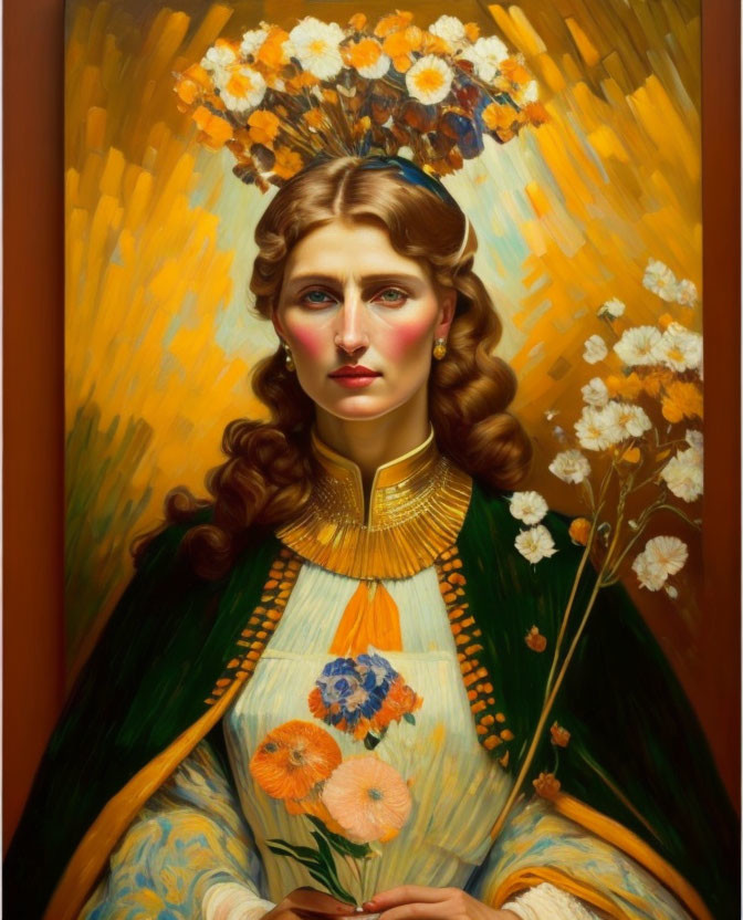 Stylized portrait of woman in floral dress with golden flower backdrop