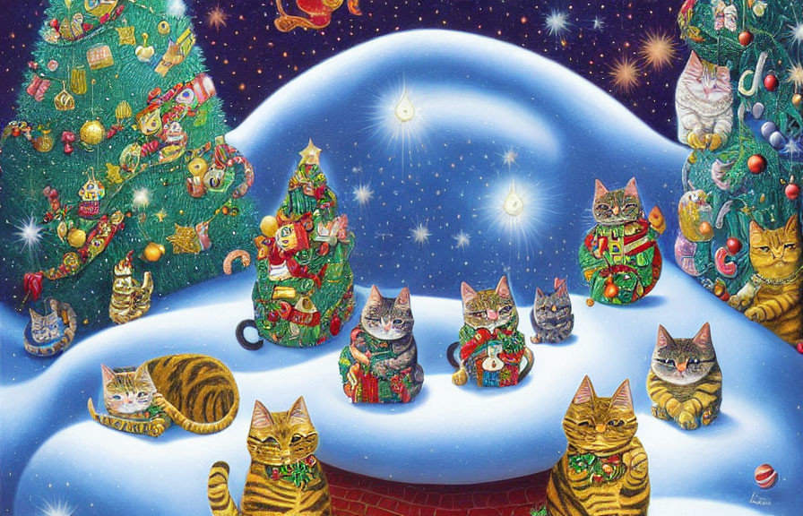 Whimsical cats in festive Christmas scene with snowy landscape