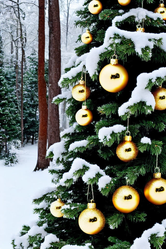 Golden Baubles Adorned Christmas Tree in Snowy Winter Scene
