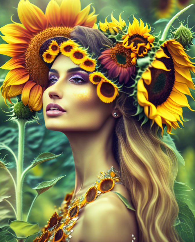 Woman with Sunflower Motifs Surrounded by Vibrant Sunflowers