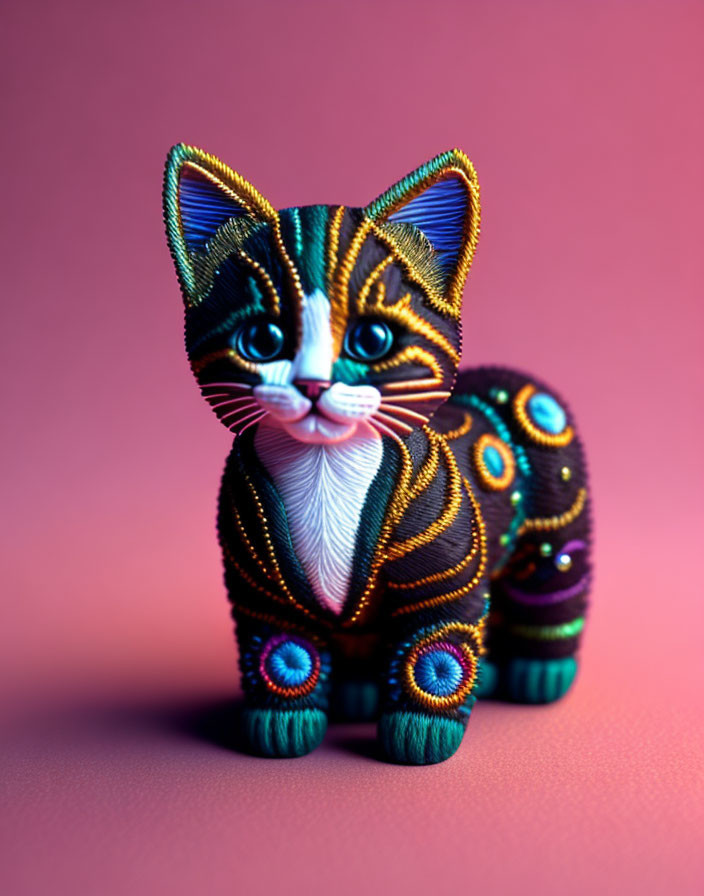 Colorful Handcrafted Cat Figurine with Intricate Patterns on Pink Background