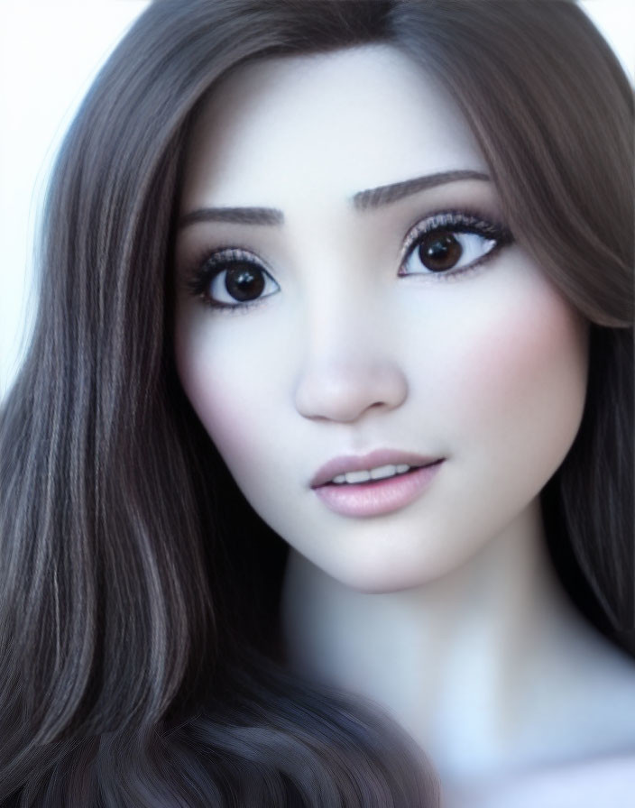 Rendered Female Character with Long Dark Hair and Large Eyes