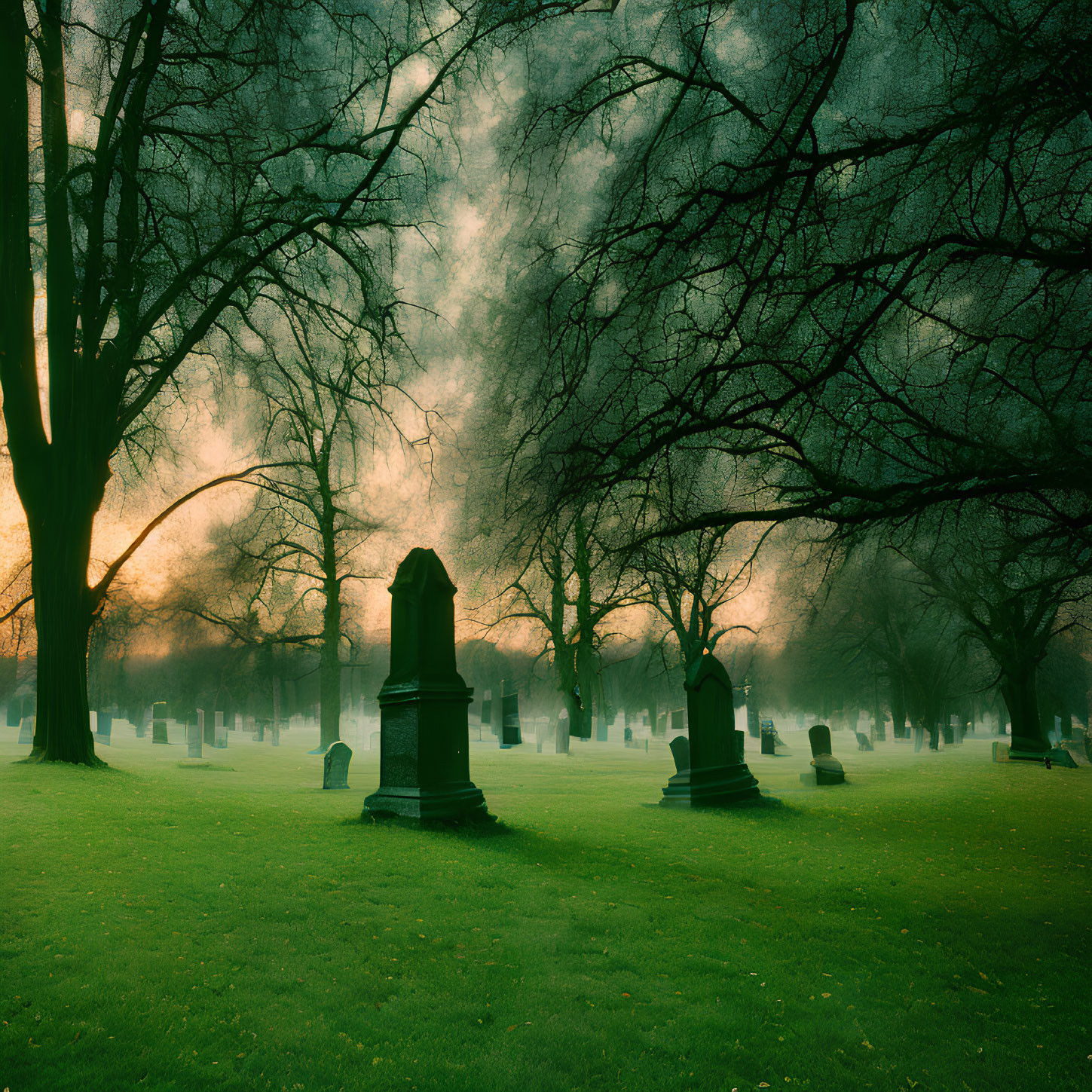 Foggy Cemetery with Silhouetted Tombstones and Bare Trees