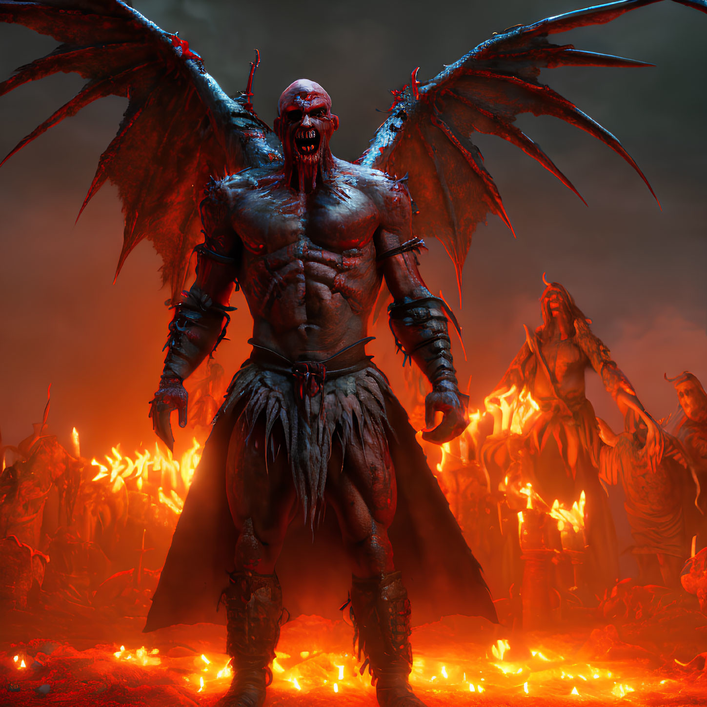 Menacing winged demon with red eyes in fiery hellish landscape
