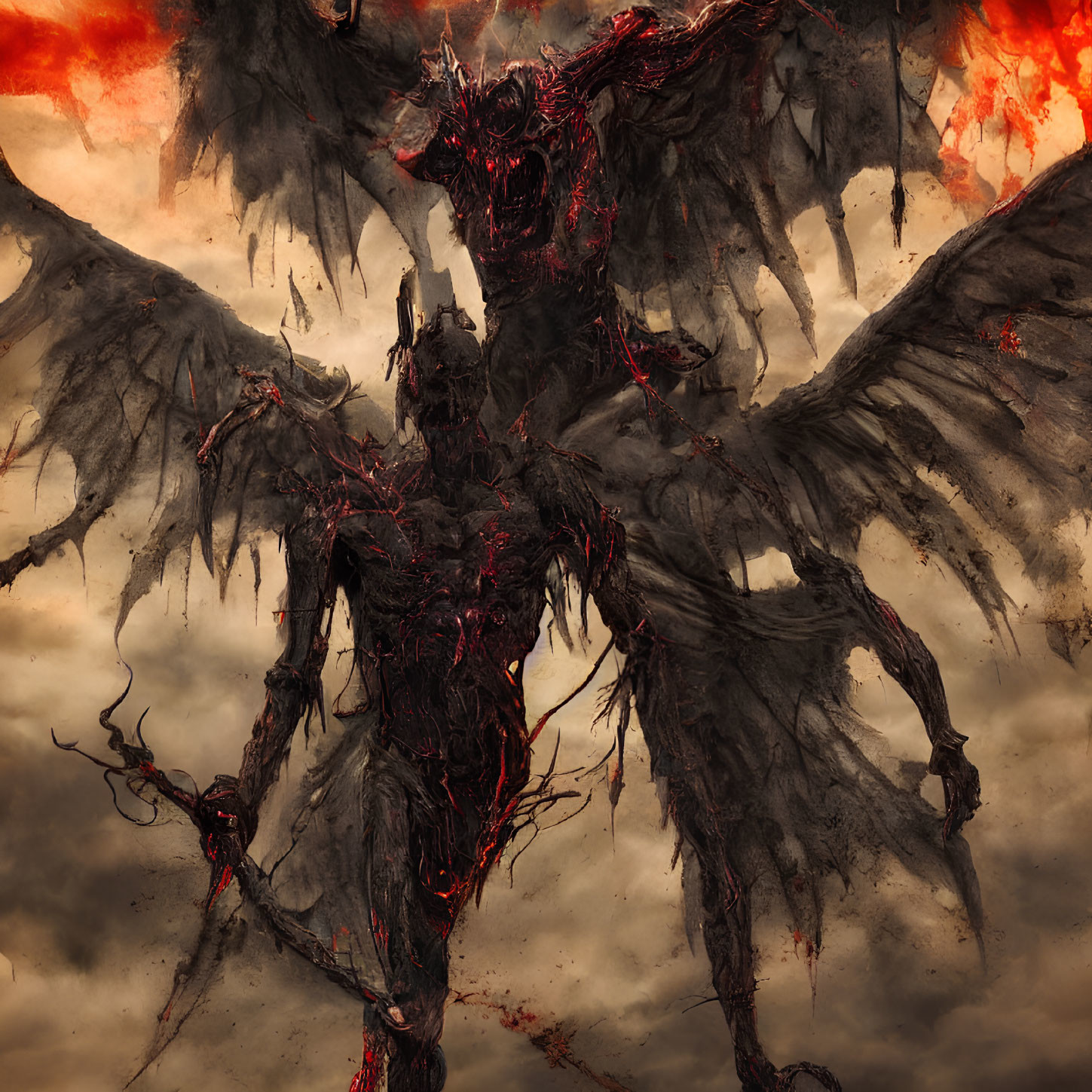 Dark Winged Creature with Glowing Red Eyes in Fiery Cloudy Backdrop