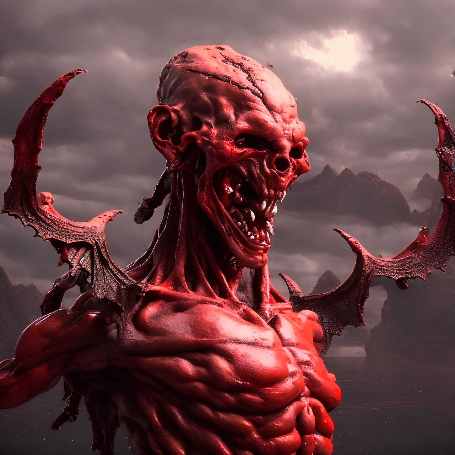 Sinister red-skinned creature with fangs, horns, and wings in mountainous setting