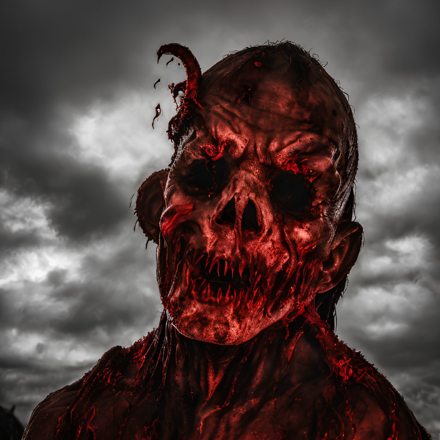 Blood-covered creature with glowing red eyes and eerie appendage in stormy sky