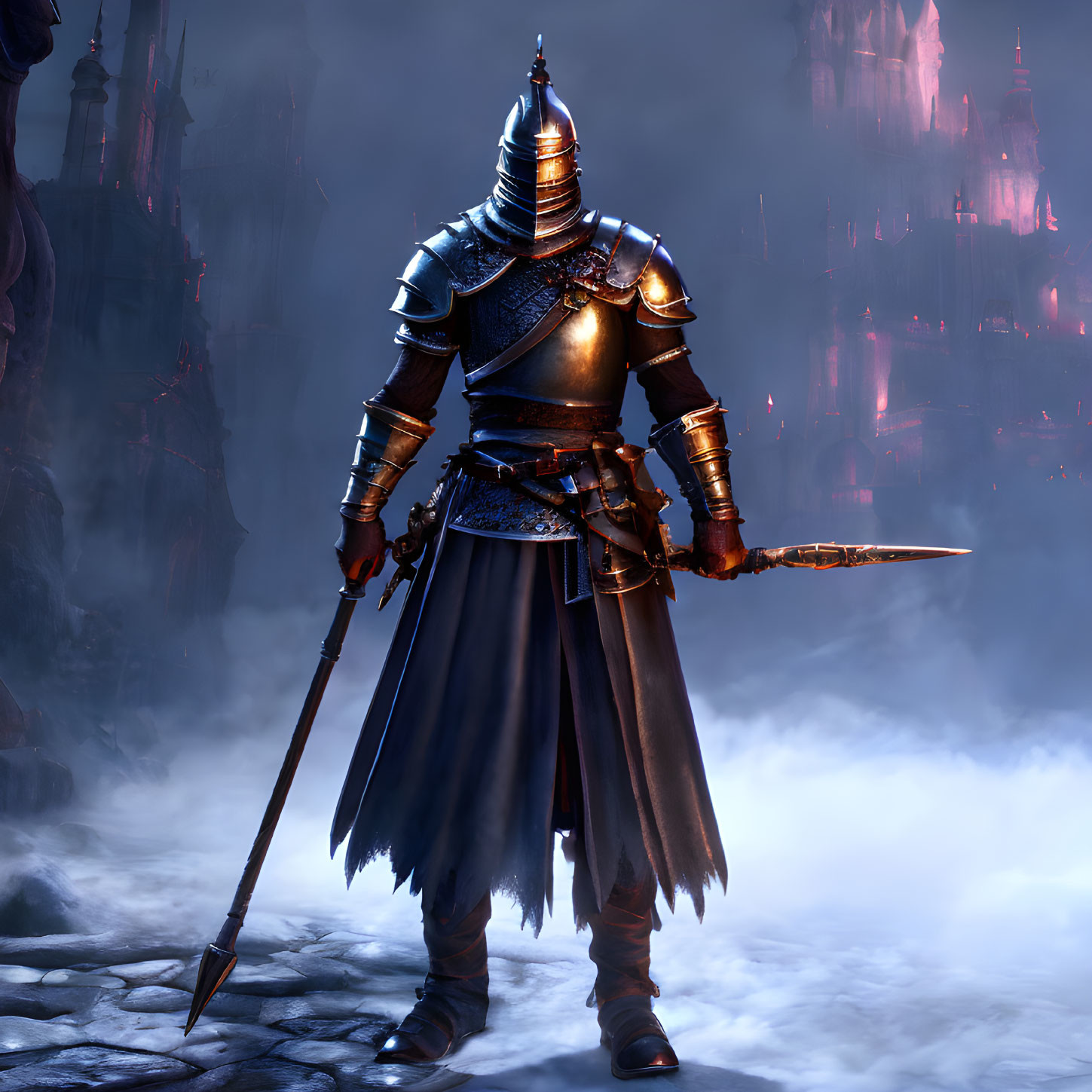 Armored knight with sword in misty gothic landscape